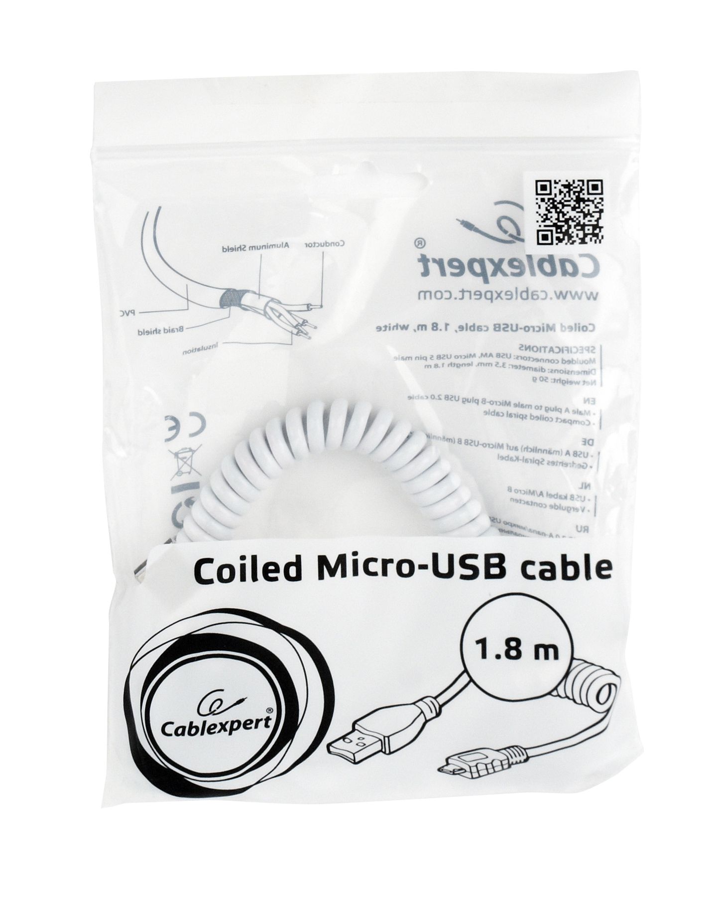 CABLU alimentare si date GEMBIRD, pt. smartphone, USB 2.0 (T) la Micro-USB 2.0 (T), 1.8m, spiralat, conectori auriti, alb,  CC-mUSB2C-AMBM-6-W  (include TV 0.06 lei)