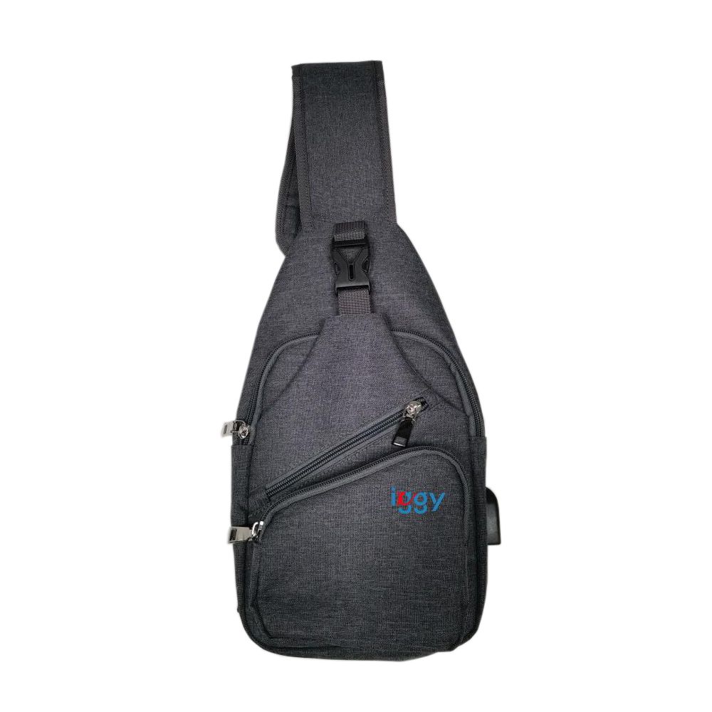 RUCSAC Sling Iggy, polyester,1 bretea, 1 compartiment principal,2 compartimente frontale, 32x16x6.9cm, mufa USB incarcare+cablu, gri,  IGSL-SLING-GY
