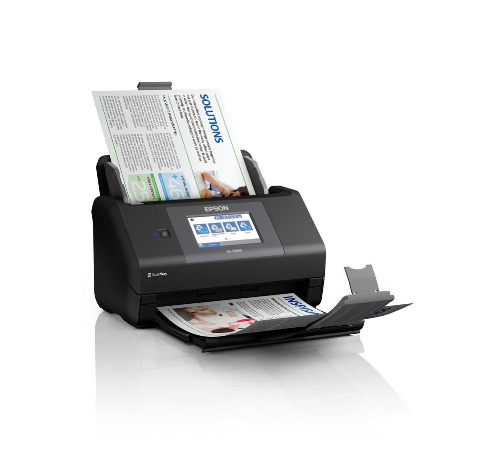 EPSON WORKFORCE ES-590W A4 SCANNER, Format A4, Scanner CIS, Sursa lumina LED, Rezolutie: 600 x 600 DPI, Senzor ultrasonic, Touchscreen 10.9cm, Viteza scanare: 45ppm, Capacitate : 100 coli, Volum zilnic:5000 pagini, Duplex single pass, Interfata: USB, WI-FI, LAN, Dimensiuni: 296‎ x 169 x 167 mm